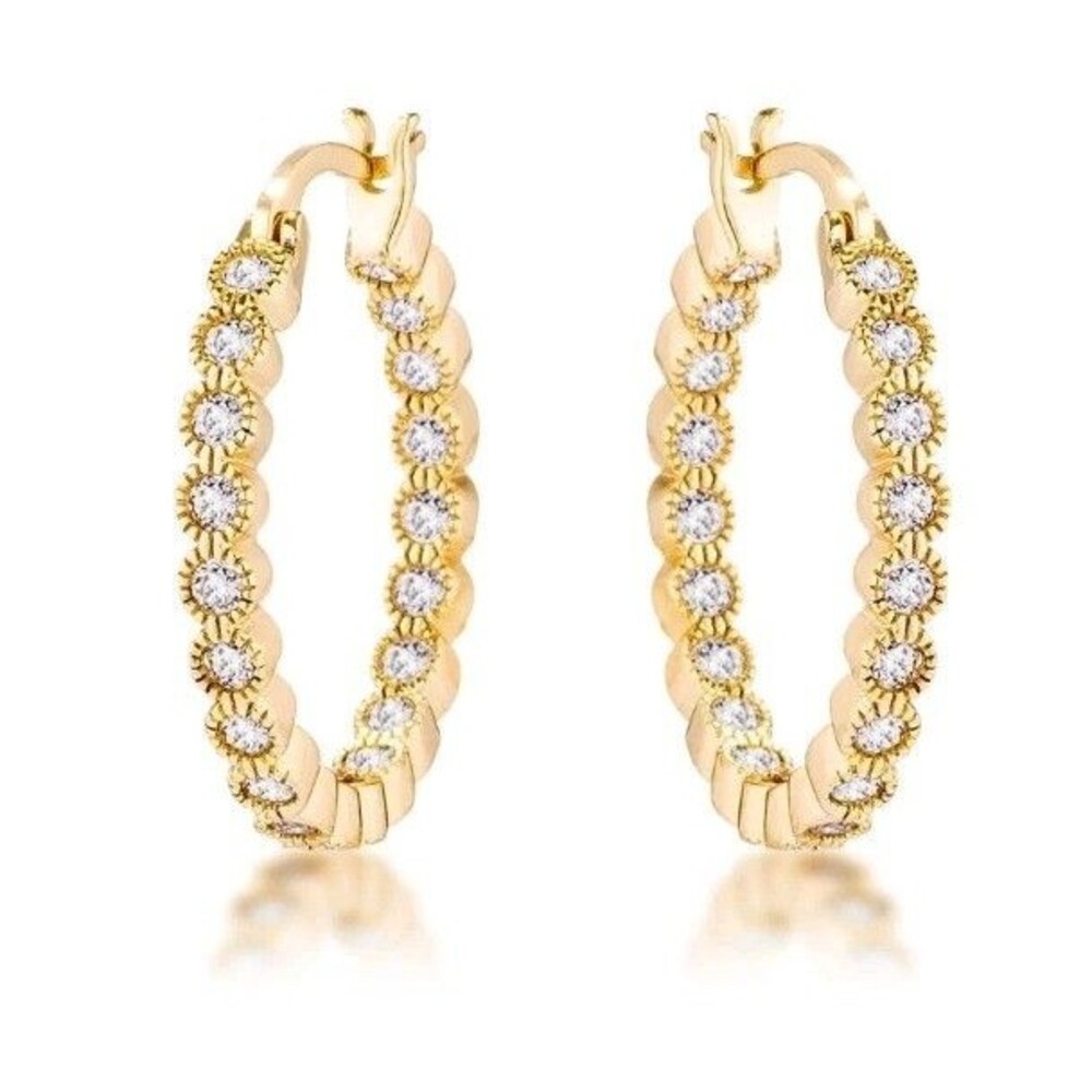 18K Yellow Gold Plated .44 CTW Cubic Zirconia Dotted Designer Hoop Earrings